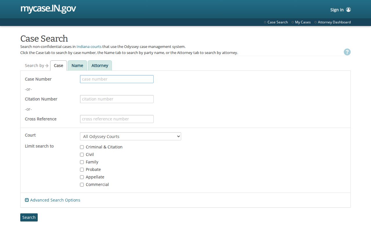 Indiana MyCase public case search portal