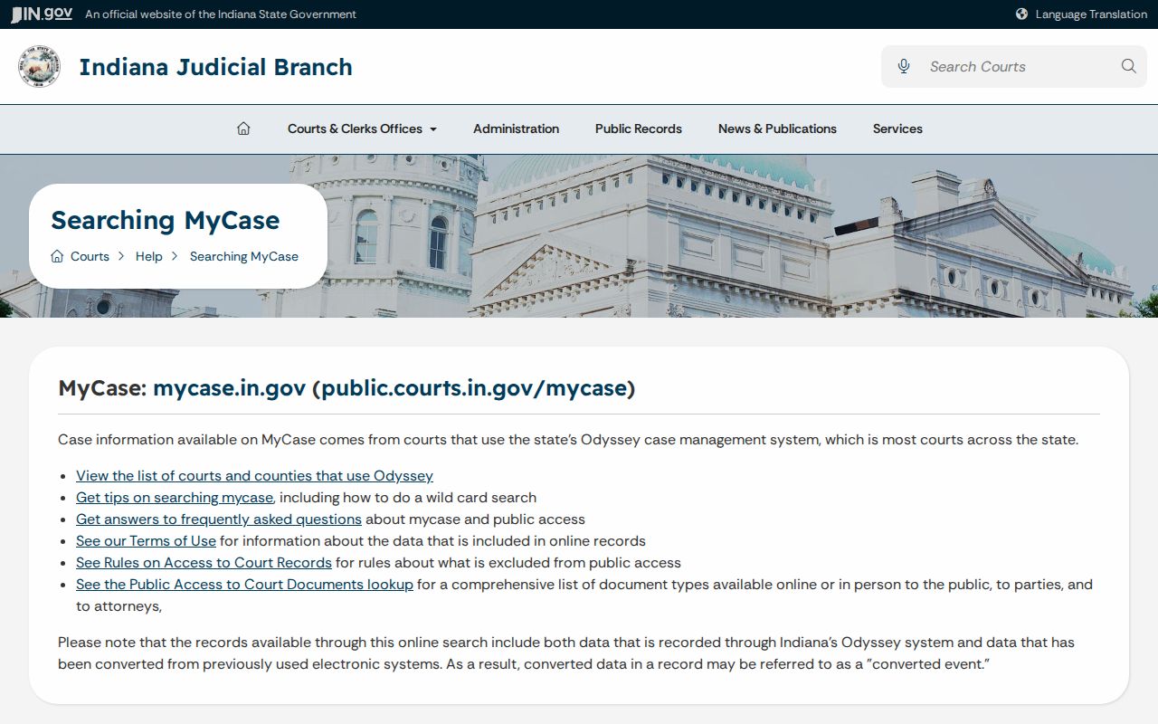 Indiana MyCase help and public access guidance