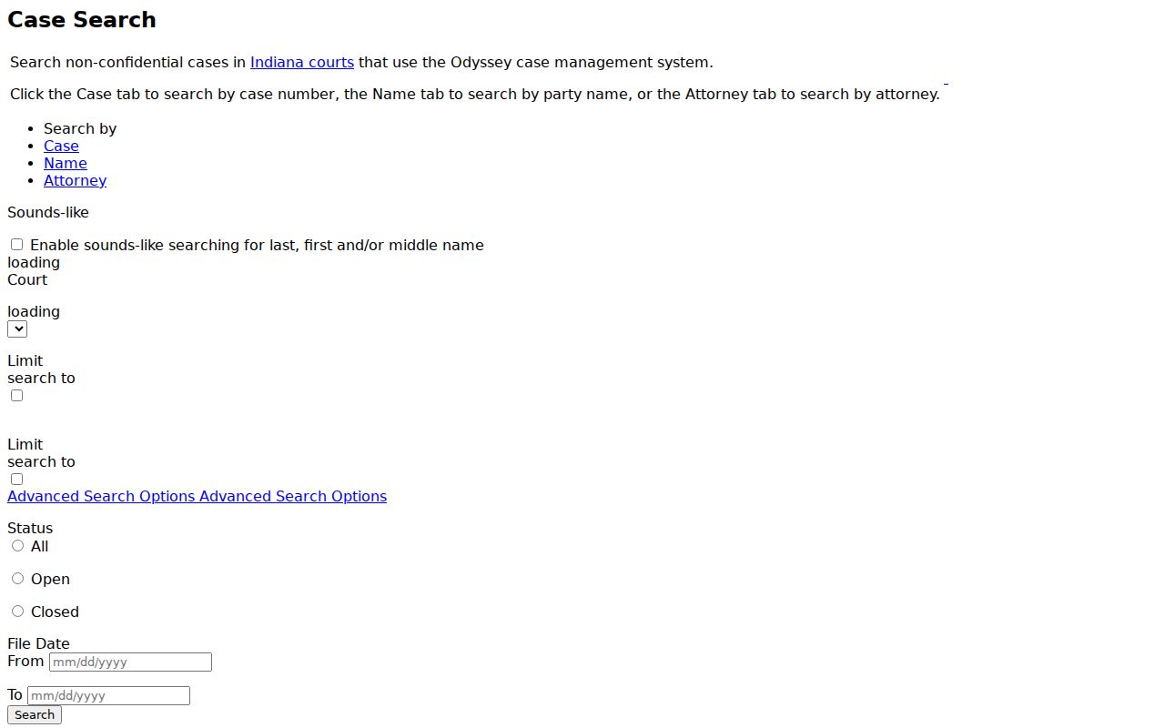 Official Indiana MyCase search fields