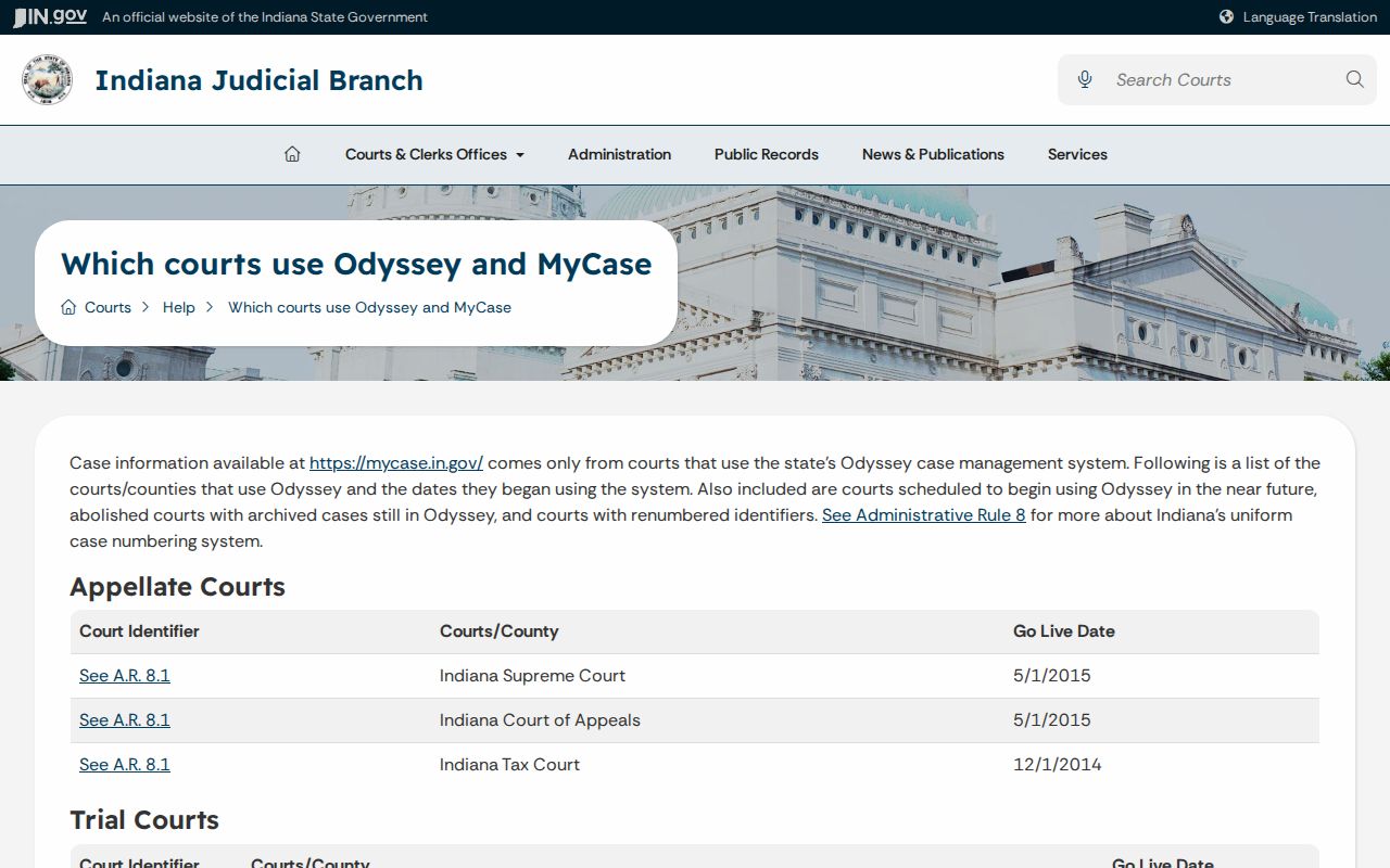 Indiana Odyssey courts list showing Brown Circuit Court