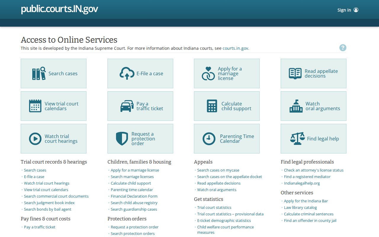 Indiana public court portal with official court tools