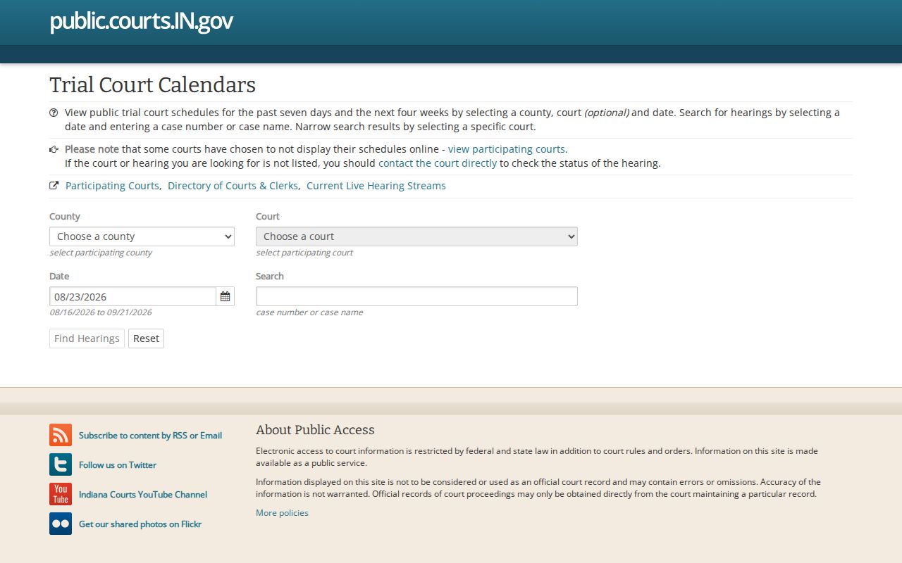 Indiana trial court calendar search interface