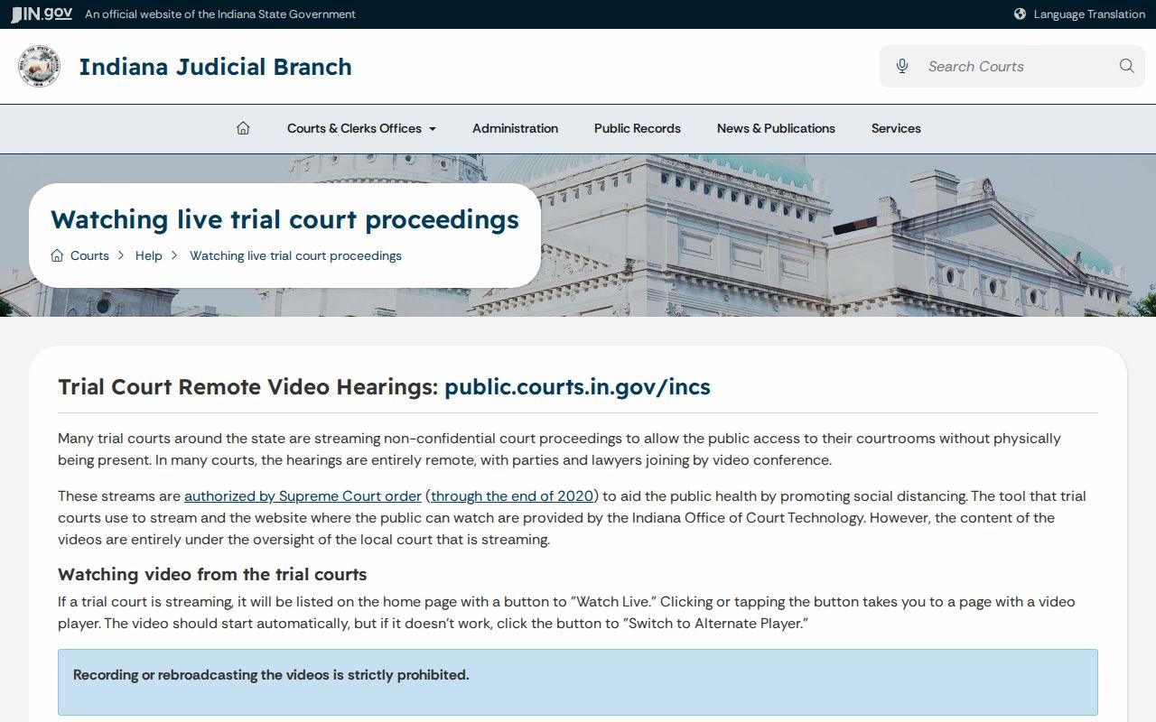 Indiana guidance for public live trial court hearings
