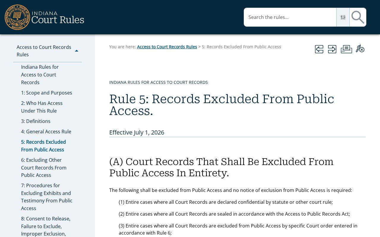 Indiana Rule 5 exclusions affecting Brown County court case records