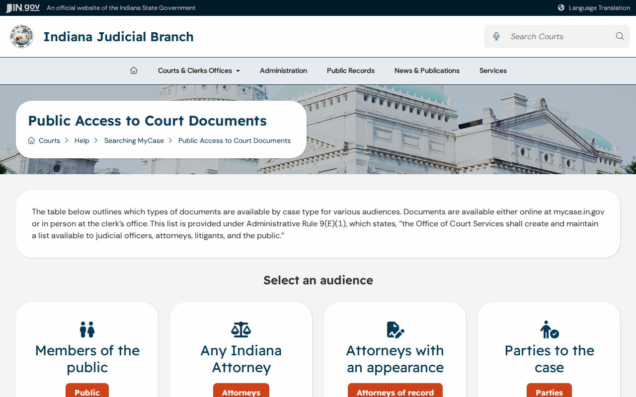 Indiana MyCase public document access guidance for Brown County court records