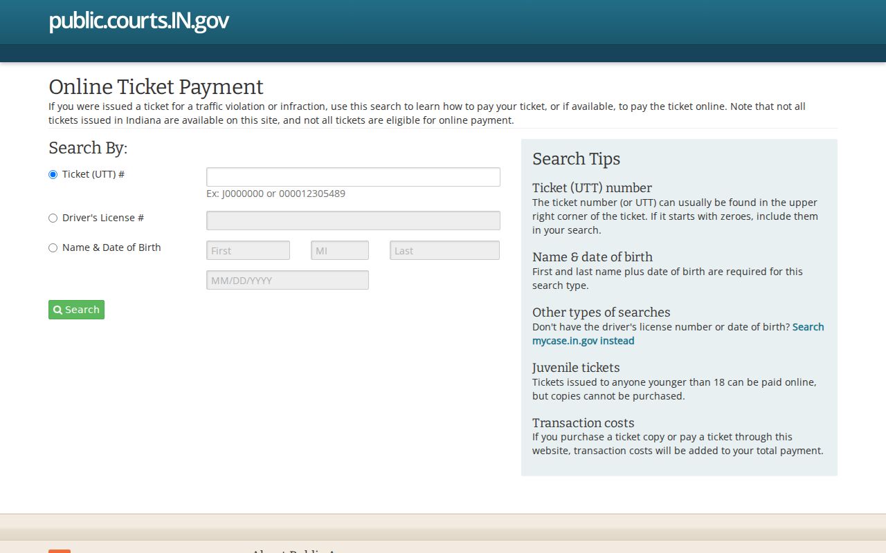 Indiana ticket portal used for Brown County traffic court record searches
