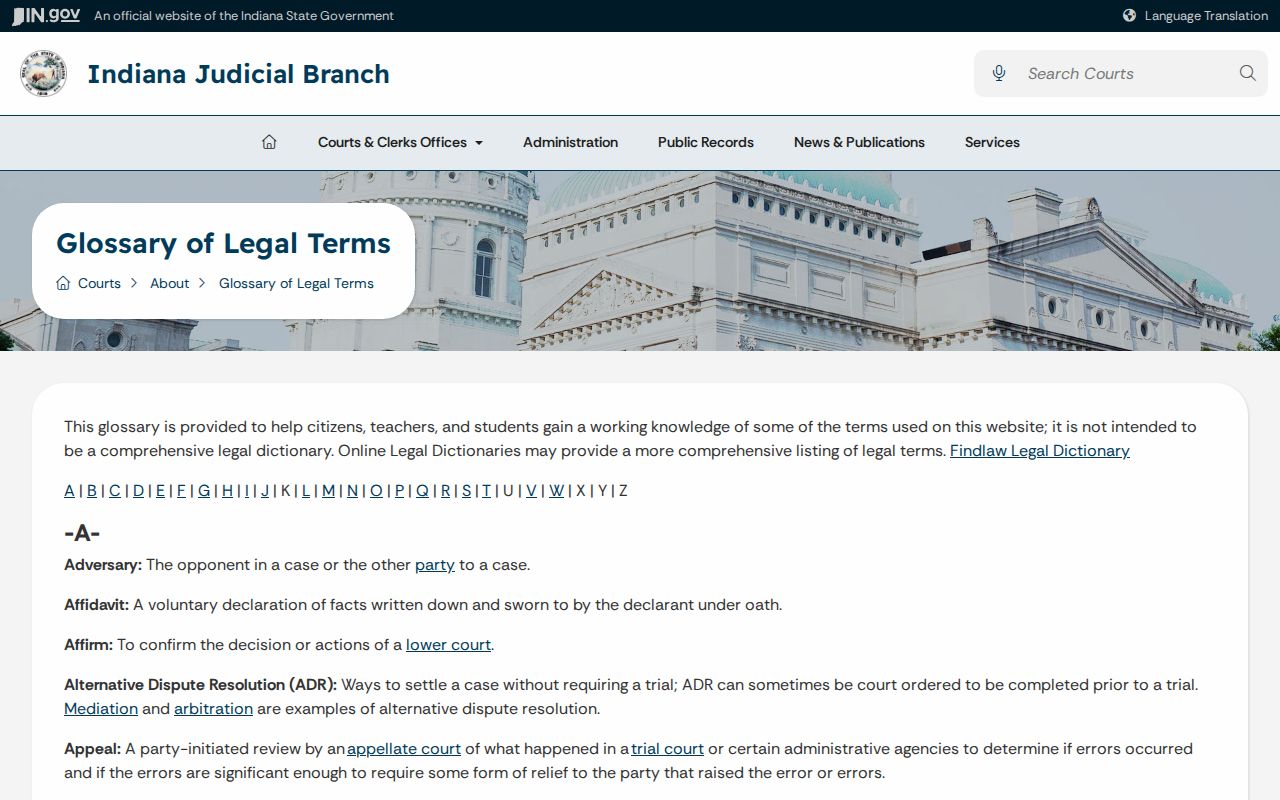 Indiana court glossary for Brown County traffic court terms