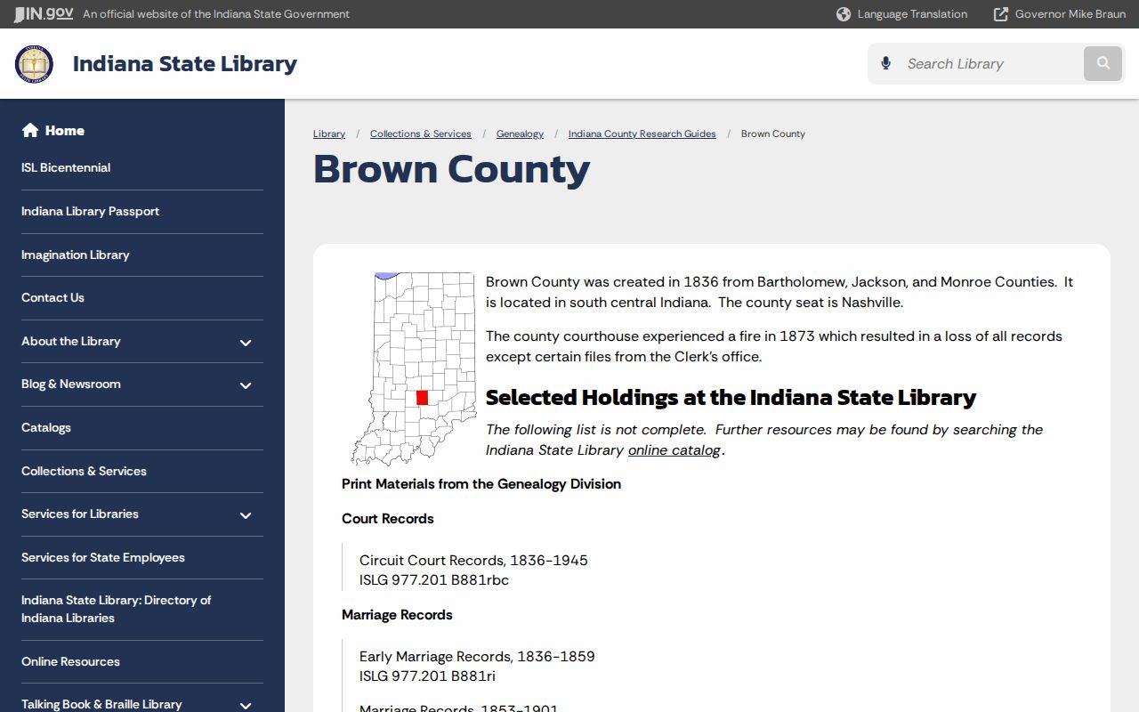 Indiana State Library guide to Brown County historical records